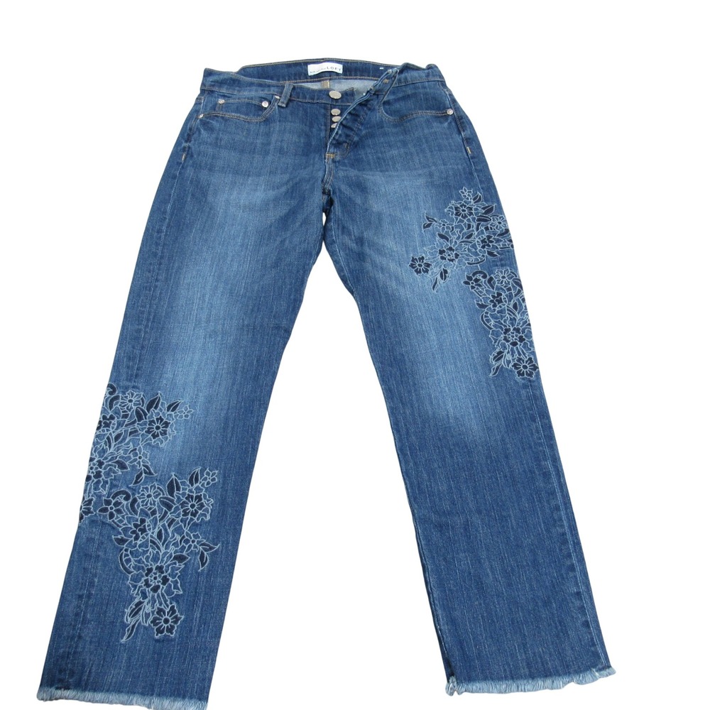 Loft Boyfriend Jeans Blue Floral Embroidered Raw Hem Button Fly Size 26 2